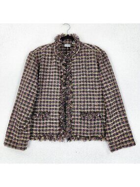 Chicos Jacket Womens 3 Green XL Tweed Plaid Fringe Blazer Open Front Classic